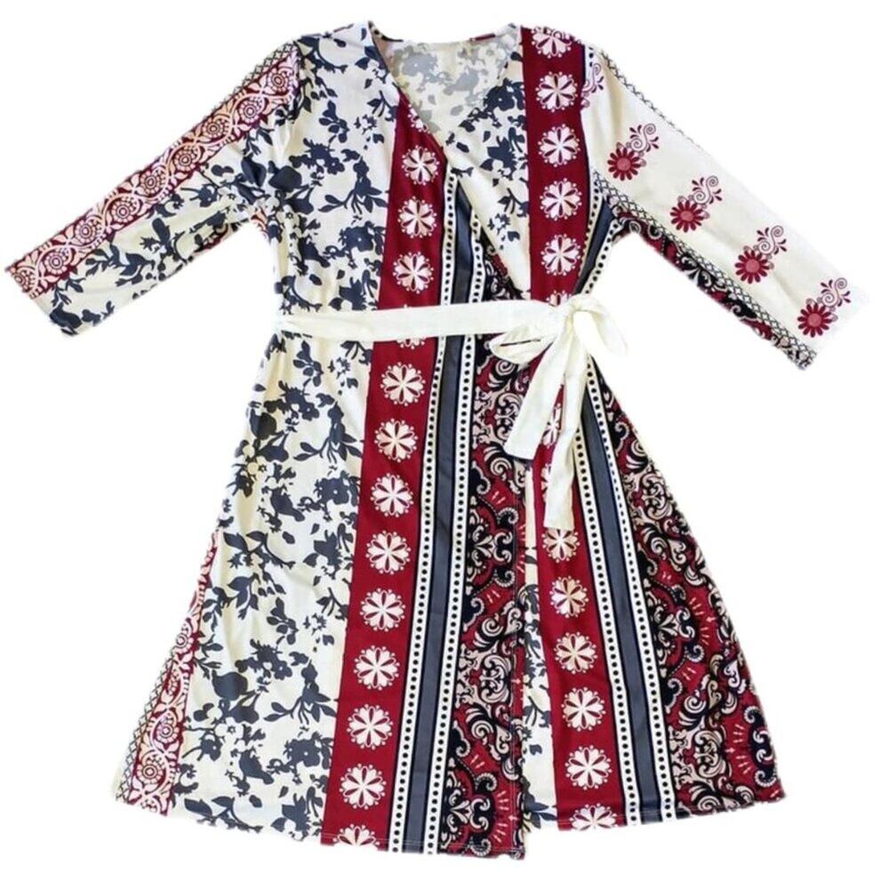 NEW L Lularoe Michelle True Wrap Dress Red Blue Floral Striped‎ Midi 3/4 Sleeve